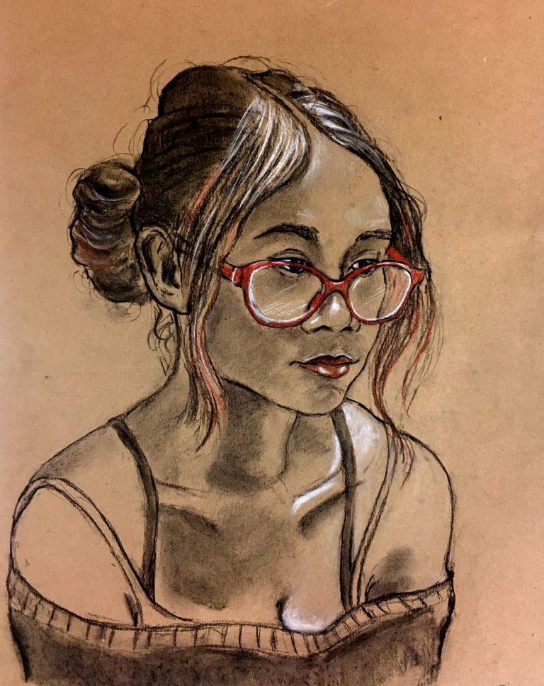 portrait of artist kat blanco done in willow charcoal. she is shown looking to the right. she is wearing an off the shoulder top and glasses. her hair is brushed back in a loose bun.